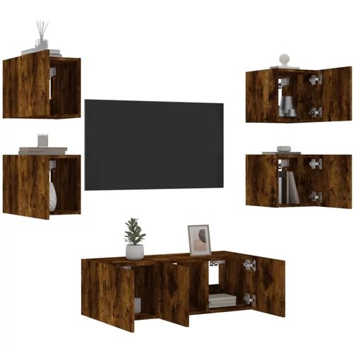  6-dijelni zidni TV elementi s LED svjetlima boja hrasta drveni