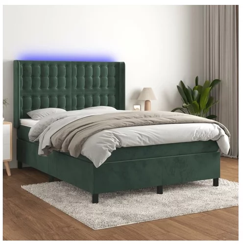 vidaXL Box spring postelja z vzmetnico LED tem. zelena 140x2