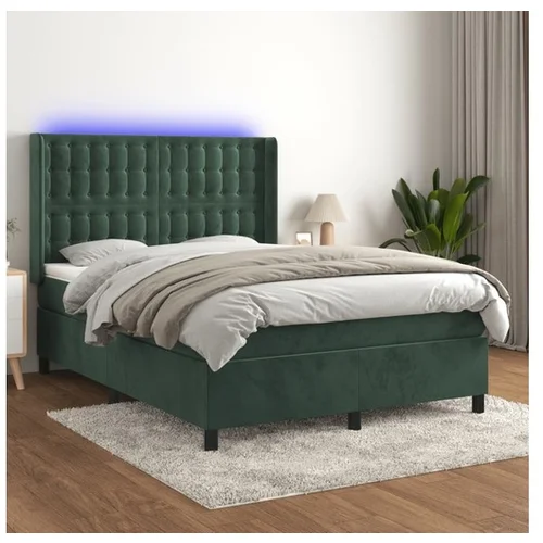 vidaXL Krevet box spring s madracem LED tamnozeleni 140x200 cm baršun