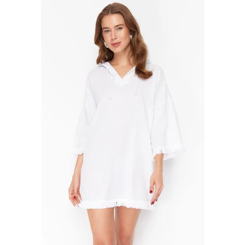 Trendyol White Wide Fit Mini Woven Tasseled 100% Cotton Beach Dress