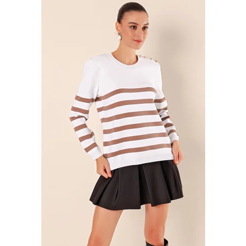 Bigdart 15820 Button Detailed Striped Sweater - C. Mink