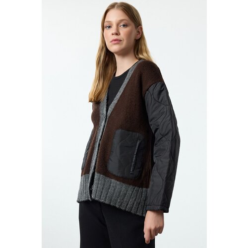 Trendyol Anthracite Color Block Quilted Detailed Knitwear Cardigan Slike