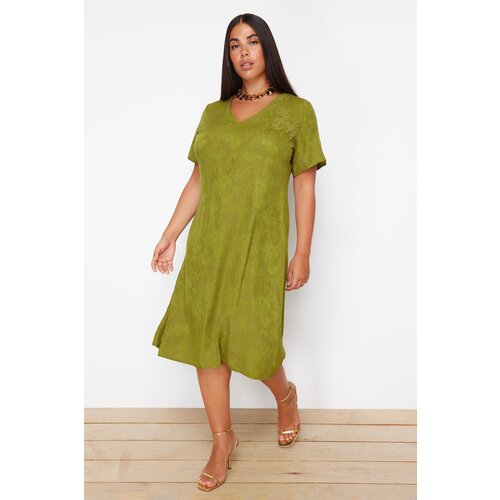 Trendyol Curve Khaki V-Neck Jacquard Floral Patterned Woven Plus Size Dress Cijene