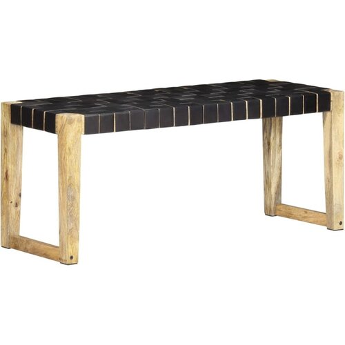  Klop 110 cm črno pravo usnje in trmangov les Slike