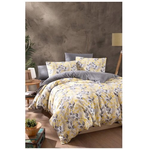 Mila Home Žuta /siva posteljina za bračni krevet/za produženi krevet s uključenom plahtom/4-dijelna 200x220 cm Leaves &amp;ndash; Slike