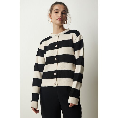 Happiness İstanbul Women's Cream Black Stylish Buttoned Striped Knitwear Cardigan Slike
