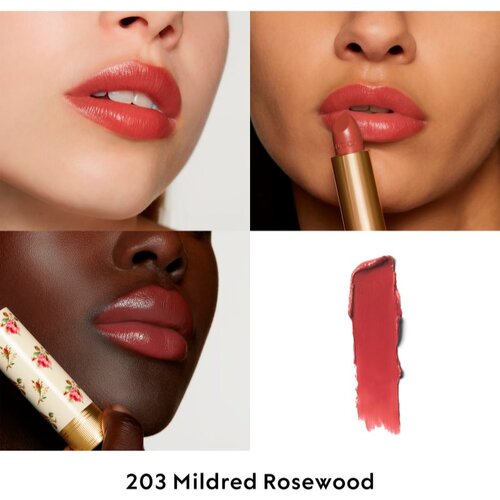 Gucci Beauty Rouge &amp;agrave; L&amp;egrave;vres Voile &amp;scaron;minka z ble&amp;scaron;čečim fini&amp;scaron;em odtenek 203 Mildred Rosewood 3.5 g Slike