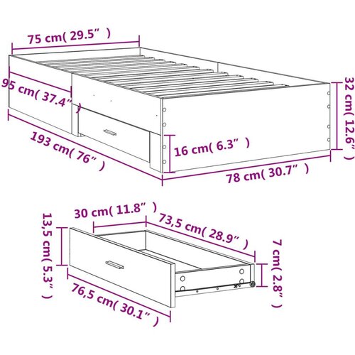 vidaXL Posteljni okvir s predali sonoma hrast 75x190 cm inženirski les Cene