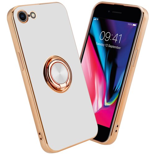 Cadorabo Ohišje, združljiv z Apple v sijajnem belem - zlatu z obročem - zaščitni pokrov iz fleksibilnega silikona TPU, z zaščito pred kamero in držalom magnetnega avtomobila, (20556311) Cene