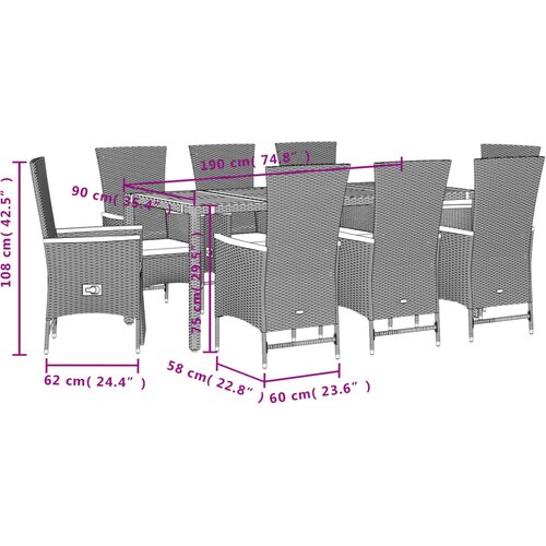  9-dijelni vrtni blagovaonski set s jastucima crni od poliratana Crna Dužina stola 190 cm Slike