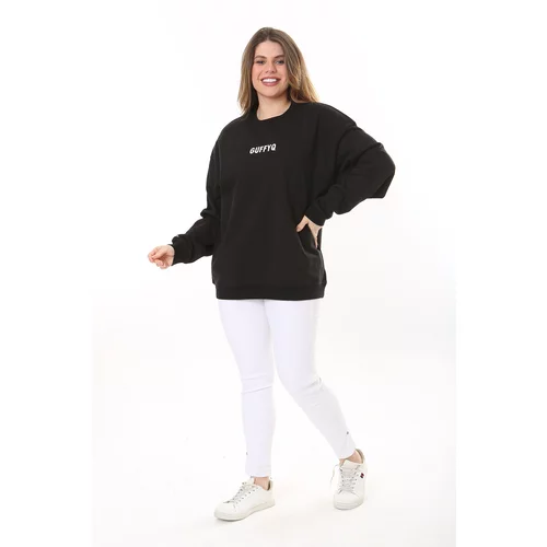 Şans Women's Plus Size Black Cotton Fabric Embroidery Letter Sweatshirt