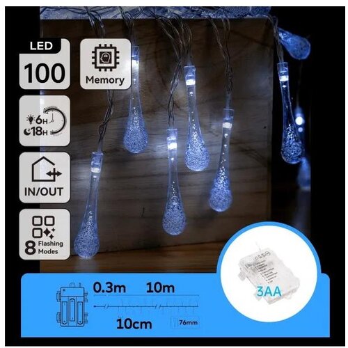 Aigostar LED spolja&scaron;nja božićna girlanda 100xLED/8 funkcija 3xAA 10m IP44 hladno bela kapljice Cene