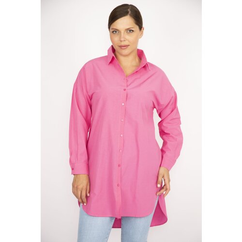 Şans Women's Plus Size Pink Poplin Fabric Front Buttoned Side Slit Tunic Cene