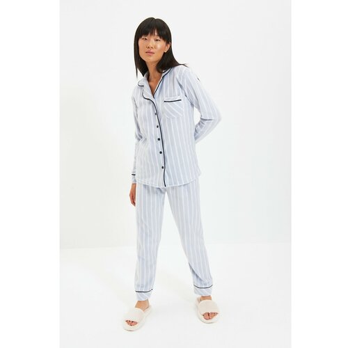 Trendyol Blue Striped Piping Detailed Knitted Pajamas Set Cene