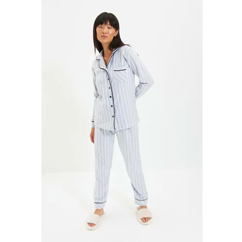 Trendyol Blue Striped Piping Detailed Knitted Pajamas Set