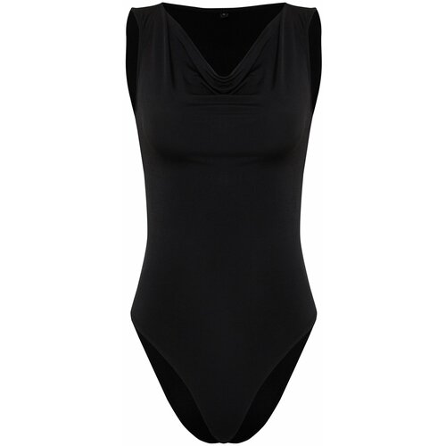 Trendyol Black Fitted/Sleeveless Turn-down Collar Zero Sleeve Snap Snaps Flexible Knitted Body Cene