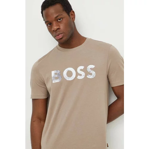 BOSS Orange Pamučna majica za muškarce, boja: bež, s tiskom