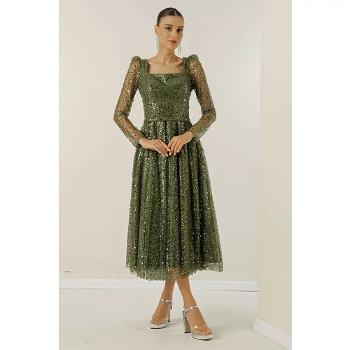 By Saygı Square Neck Long Sleeves Lined Sequins Beaded Dress