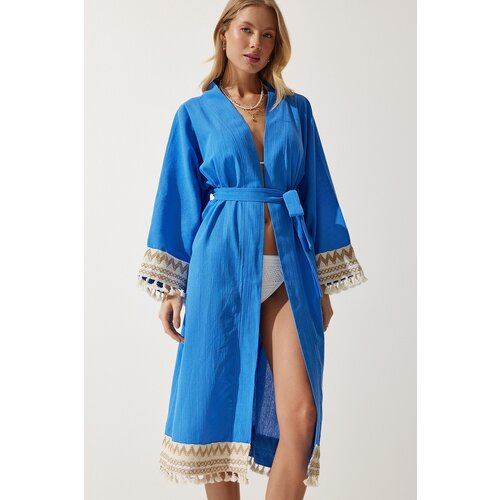  Women&amp;#039;s Blue Tassel Guipure Detail Long Linen Kimono Slike
