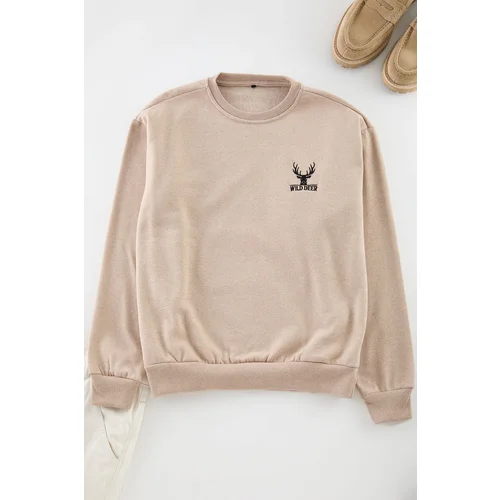 Trendyol Beige Oversize/Wide Cut Long Sleeve Animal Embroidered Sweatshirt