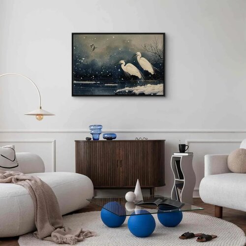  Slika - Herons over a winter pond - Japanese-style illustration in dark colours 90x60 U crnom drvenom okviru Slike
