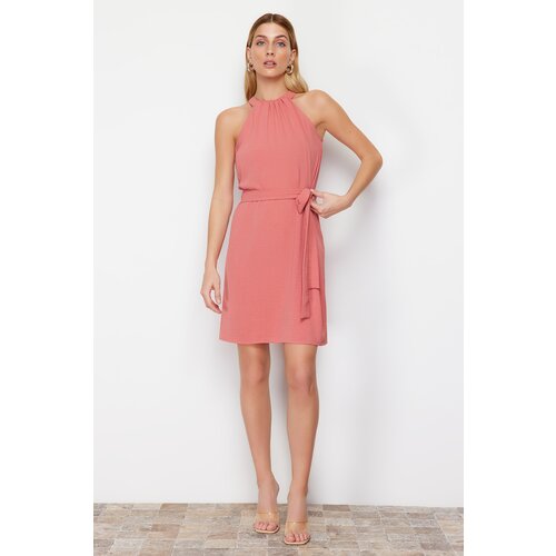 Trendyol Pink Belted Plain Fit Halter Neck Aerobin Woven Mini Dress Slike