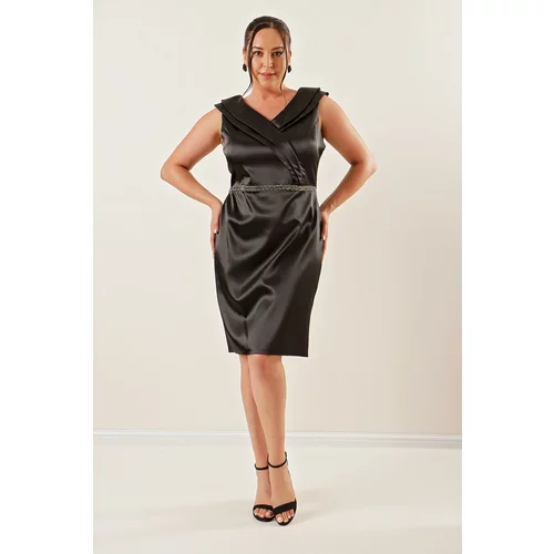 By Saygı Madonna Plus Size Satin Dress with a Double Collar Waist and Stones Lined.