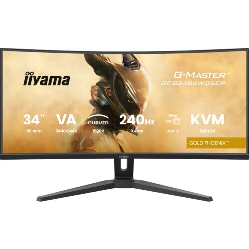 Iiyama 34&amp;quot; uw va-panel, curved gaming 1500R,G-Master gold phoenix, 3440x1440-240Hz (21:9),0,4ms (MPRT),500cdm HDR400,FreeSync Premium,Speakers,2xHDMI (2.1) VRR/ALLM,2xDisplayPort, usb-c dock (LAN/KVM/95W pd),usb 2x3,2+1xC, PIP/PBP,13cm height adj. stand GCB3486W Slike