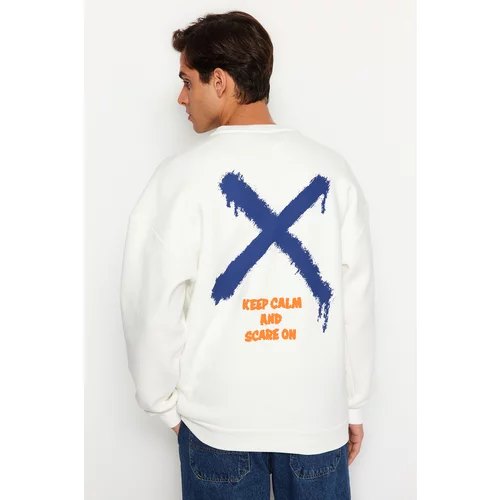 Trendyol Men's Ecru Oversize/Wide Cut Crew Neck Geometric Print Thick Sweatshirt.