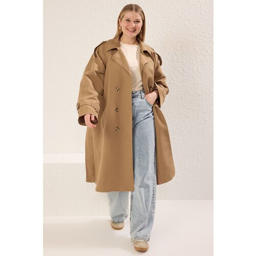 Trendyol Curve Beige Long Oversize Plus Size Trench Coat Slike