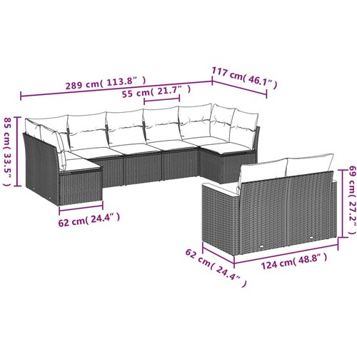  9-dijelni set vrtnih sofa od poliratana s jastucima sivi Slike