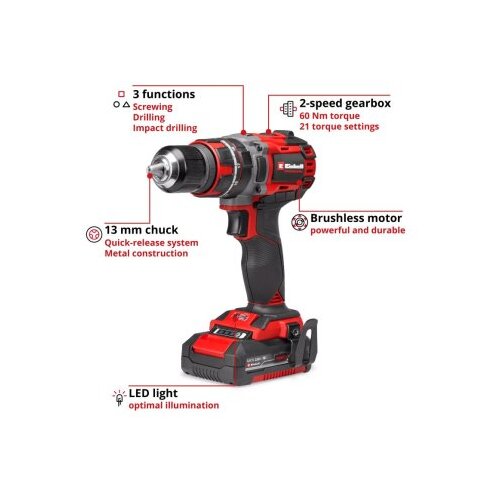 Einhell Akumulatorski udarni vrtalnik TP-CD 18/60 Li-i BL (18 V, 1 baterija, 2 Ah, 60 Nm) Slike