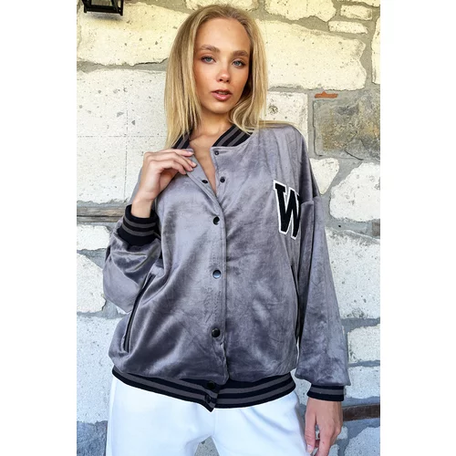 Trend Alaçatı Stili Women's Gray W Embroidered Ribbed Corduroy Bomber Jacket