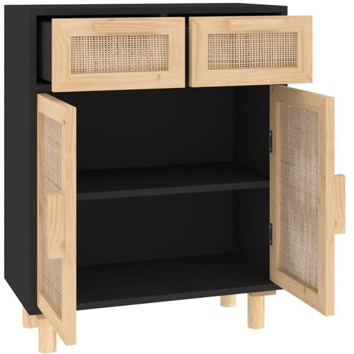  Komoda crna 60 x 30 x 75 cm masivna borovina i prirodni ratan Slike