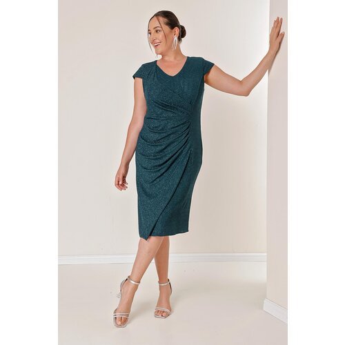 By Saygı Plus Size Lycra Glittery Dress With Draping and Moon Sleeves Lined Slike