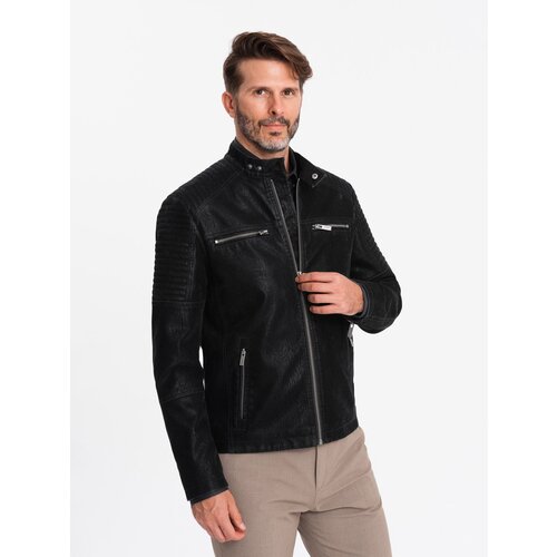 Ombre Men&amp;#039;s retro-style biker jacket with stand-up collar - black Slike