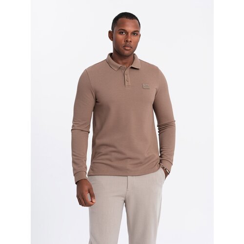 Ombre Men's structured polo longsleeve with patch - brown Cene