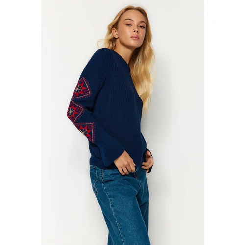 Trendyol Navy Blue Patterned Sleeves Crewneck Knitwear Sweater