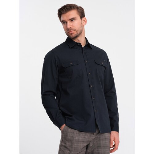 Ombre Men's REGULAR FIT cotton shirt with buttoned pockets - navy blue Slike