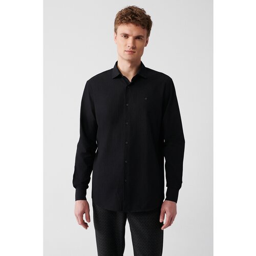 Avva Men's Black Classic Collar See-through Cotton Slim Fit Slim Fit Shirt Cene