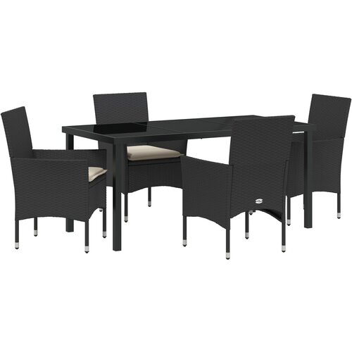 VidaXL 5-delna vrtna jedilna garnitura z blazinami Črna poli ratan, vrtna miza Črna 160x80x73 cm Kaljeno steklo Slike
