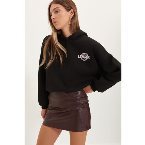 Trendyol Black Back Print Detail Hooded Knitted Raised Sweatshirt Slike