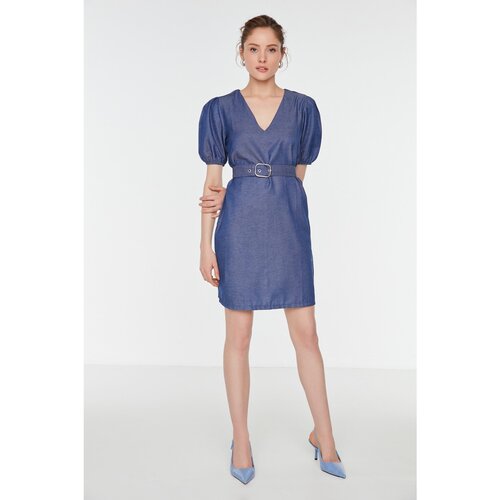 Trendyol Navy Blue Belted Balloon Sleeve Dress Cene