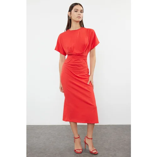 Trendyol Red 100% Cotton Waist Slit and Tie Detailed Midi Knitted Pencil Dress