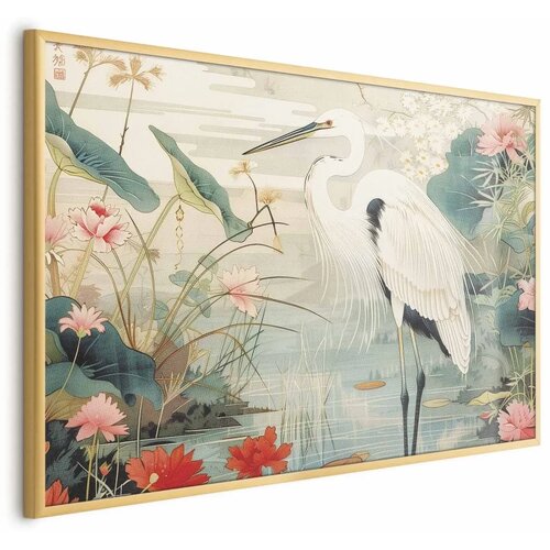  Plakat - Over the Asian Pond - illustration in the Japanese print style featuring a heron 90x60 Zlatni okvir Cijene