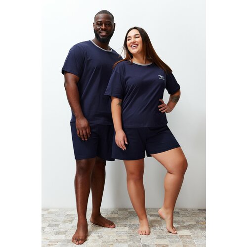 Trendyol Navy Blue Regular Fit Embroidered Couple Knitted Plus Size Pajamas Set Slike