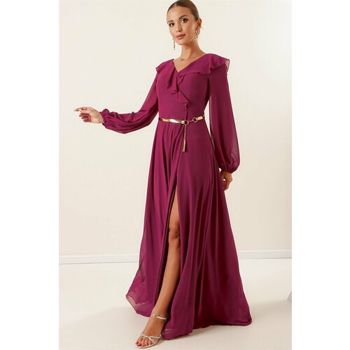 By Saygı Plum Chiffon Long Dress with Balloon Sleeves and Pleats in the Front. Slike