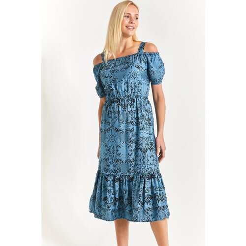 armonika Women's Ice Blue Patterned Dress with Elastic Waist and Straps Slike