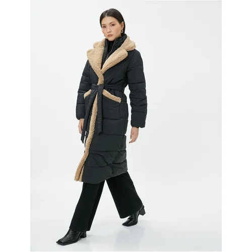 Koton Long Puffer Jacket with Belted Plush Detail