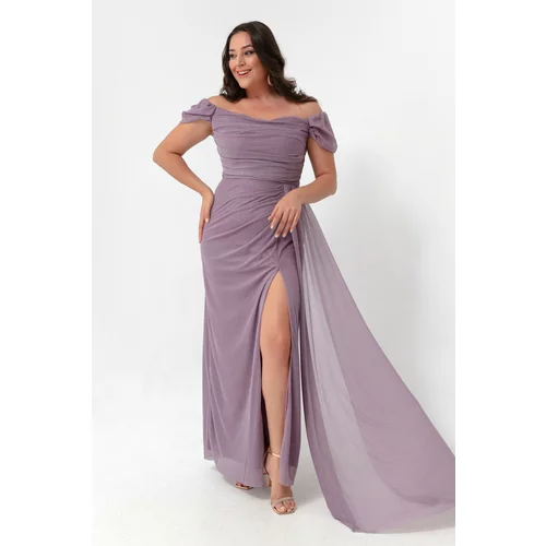 Lafaba Women's Powder Powder Boat Collar Draped Long Glittery Evening Dress with a Slit.